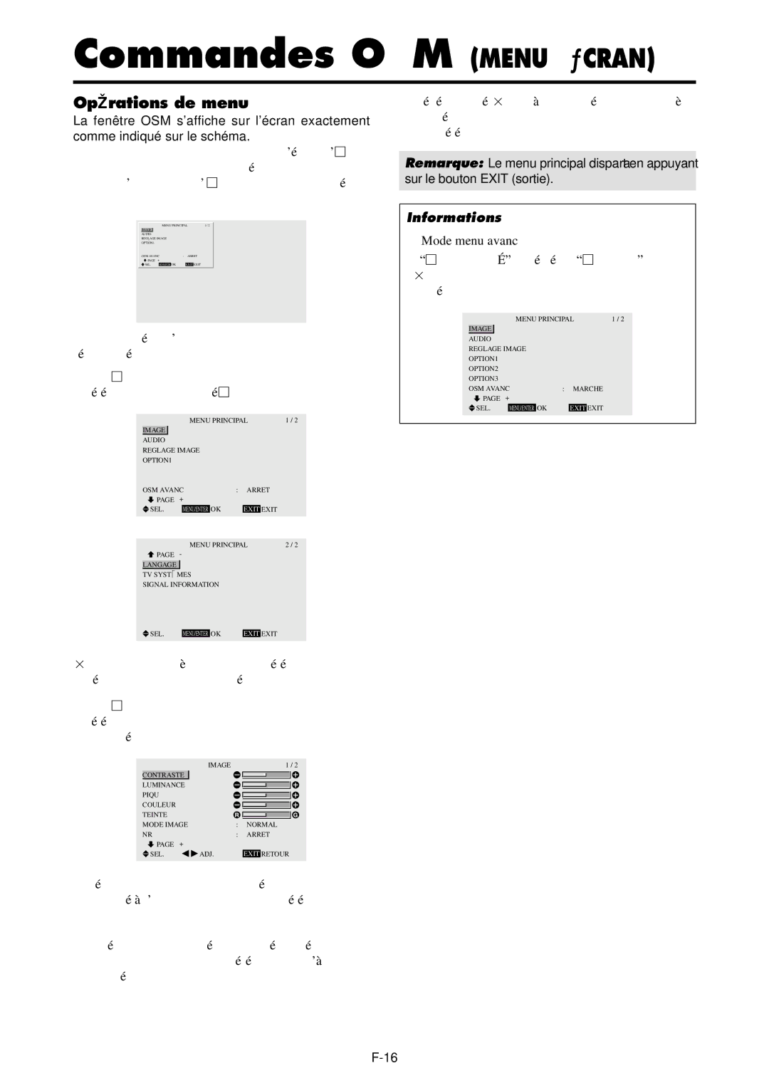 NEC 42VP4DG, PX-42VP4G user manual Commandes OSM Menus Écran, Opérations de menu,  Mode menu avancé 