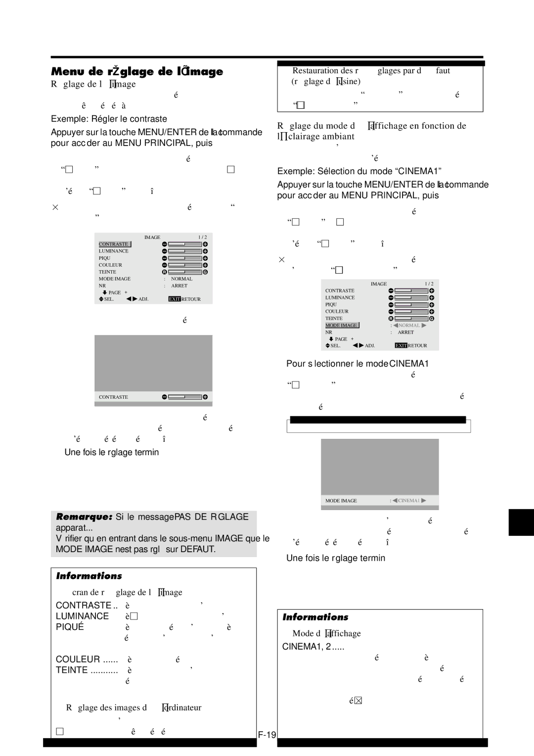 NEC 42VP4DG, PX-42VP4G user manual Menu de réglage de l’image, Ré glage de l’image 