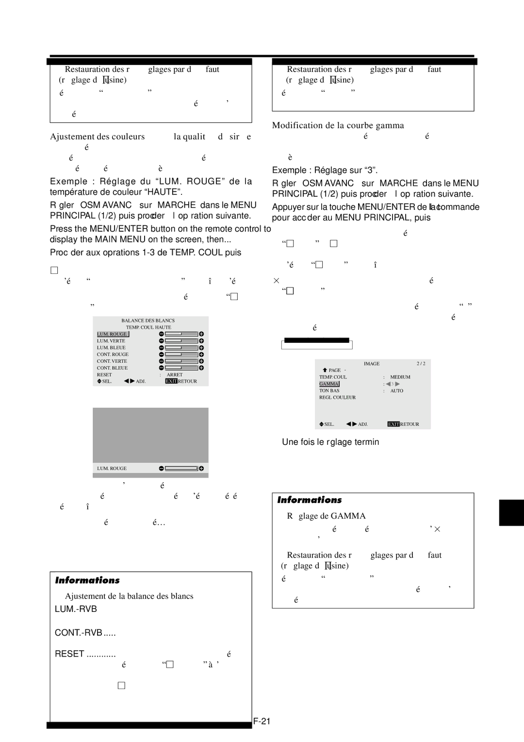 NEC PX-42VP4G, 42VP4DG user manual Exemple Réglage sur,  Ajustement de la balance des blancs,  Ré glage de Gamma 