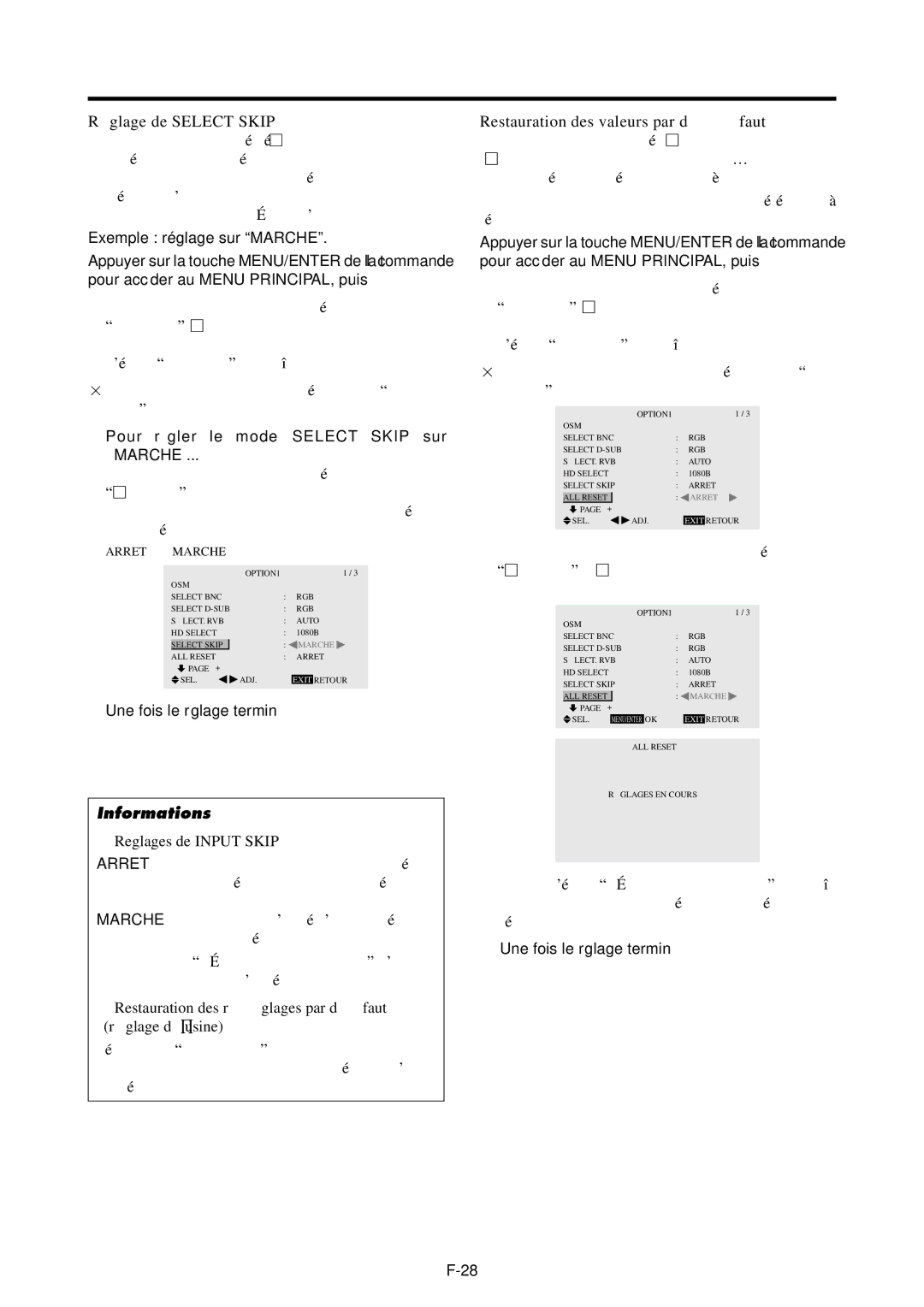 NEC 42VP4DG, PX-42VP4G user manual Ré glage de Select Skip, Restauration des valeurs par dé faut, Exemple réglage sur Marche 