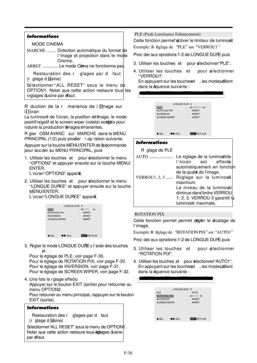 NEC PX-42VP4G, 42VP4DG Ré duction de la ré manence de l’image sur l’é cran,  Mode Cinema,  Ré glage de PLE, Rotation PIX 