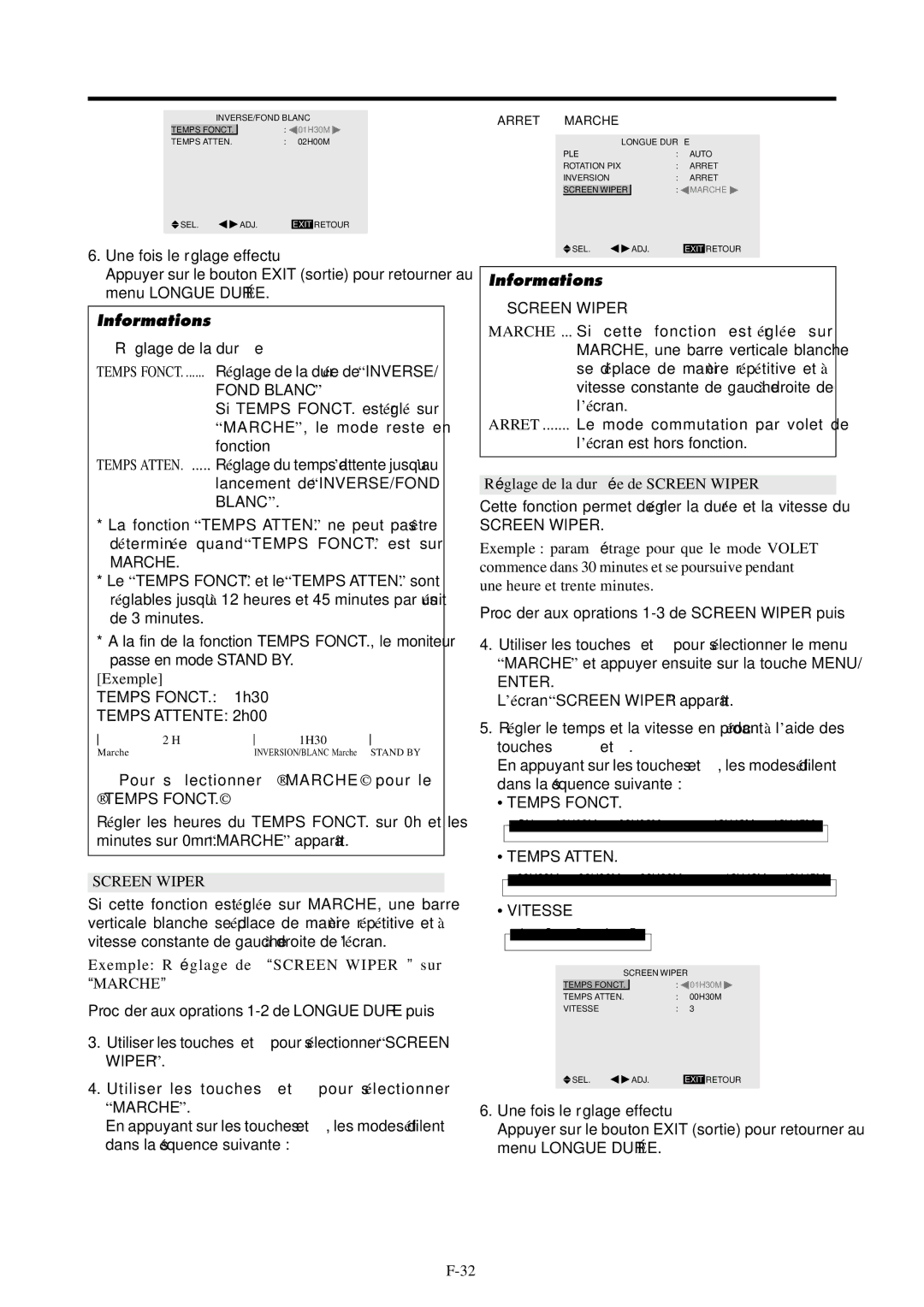 NEC 42VP4D, PX-42VP4G  Ré glage de la duré e,  Pour sé lectionner Marche Pour le, Temps Fonct,  Screen Wiper 