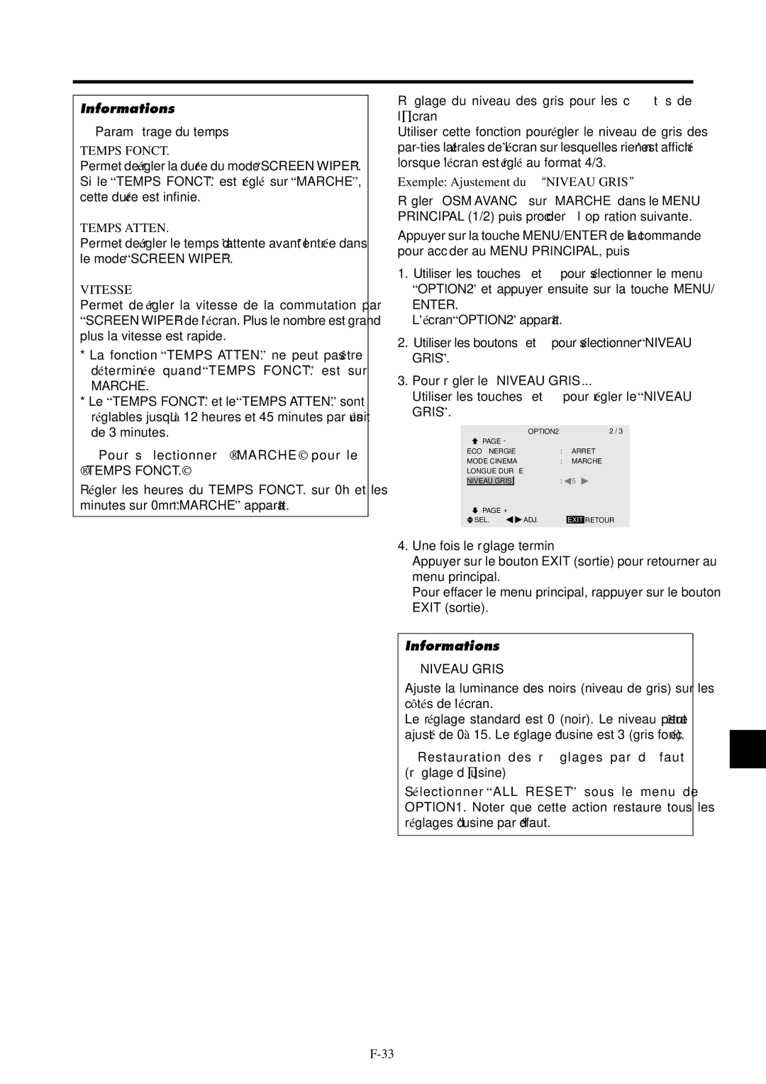 NEC PX-42VP4G, 42VP4DG user manual  Paramé trage du temps,  Pour sé lectionner Marche pour le Temps Fonct,  Niveau Gris 