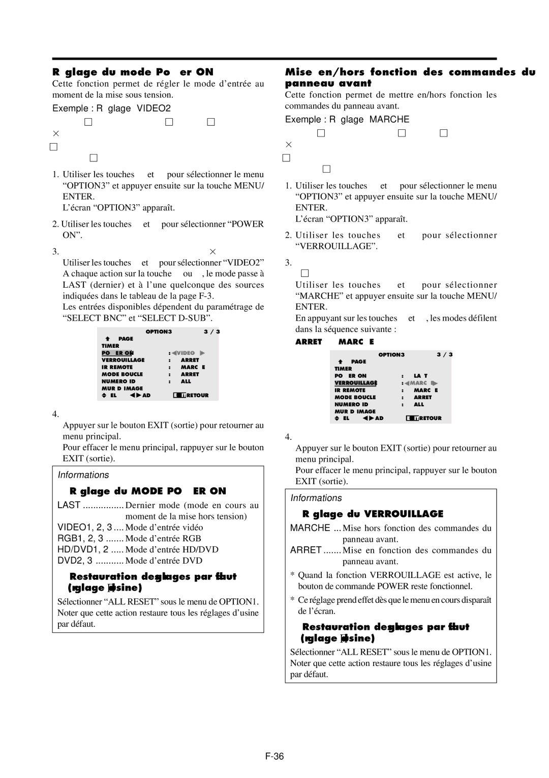 NEC PX-42VP4G Ré glage du mode Power on, Mise en/hors fonction des commandes du panneau avant,  Ré glage du Mode Power on 