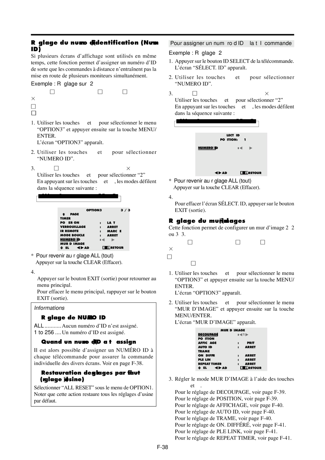 NEC 42VP4D, PX-42VP4G Ré glage du numé ro d’identification Numé ro ID, Ré glage du mur d’images, Exemple Ré glage sur 