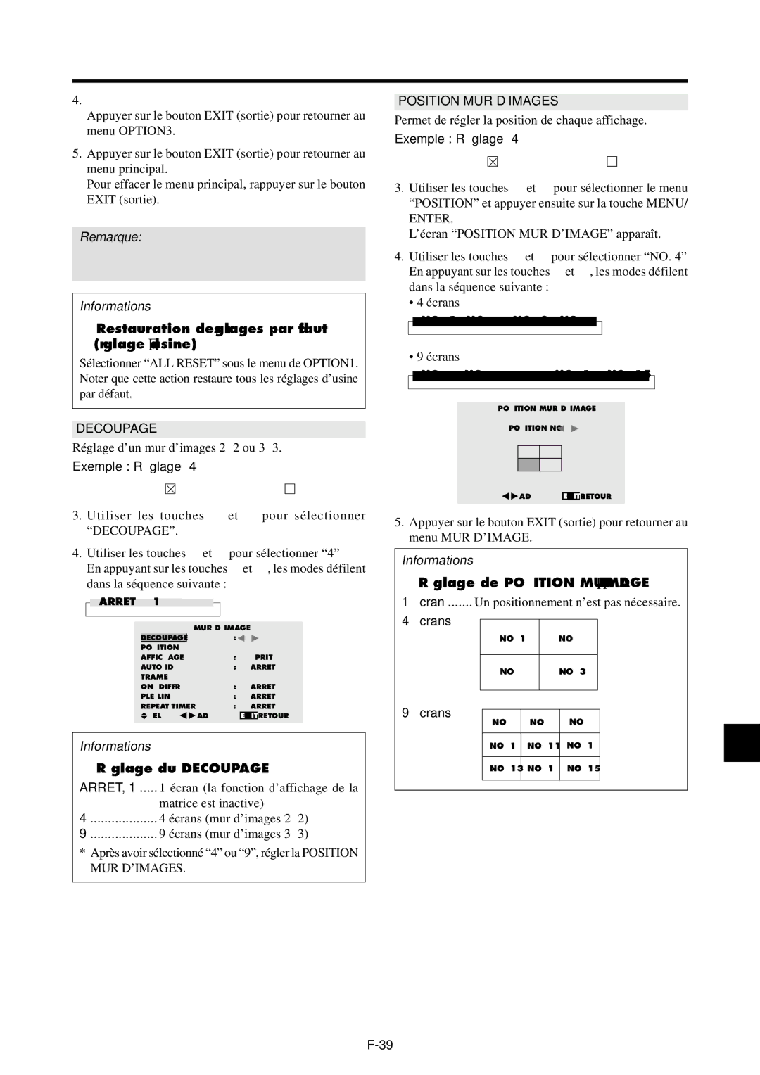 NEC PX-42VP4G, 42VP4DG user manual  Ré glage du Decoupage,  Ré glage de Position MUR D’IMAGES, Crans 