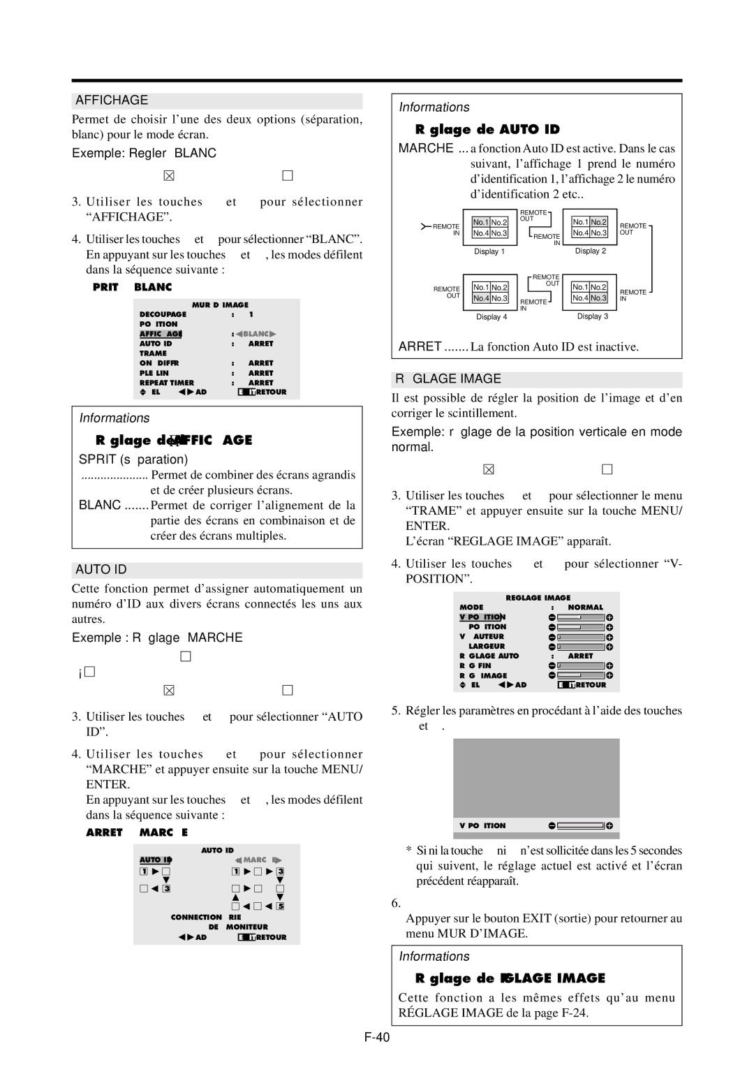 NEC 42VP4DG, PX-42VP4G user manual  Ré glage de Auto ID,  Ré glage de l’AFFICHAGE,  Ré glage de RÉ Glage Image 