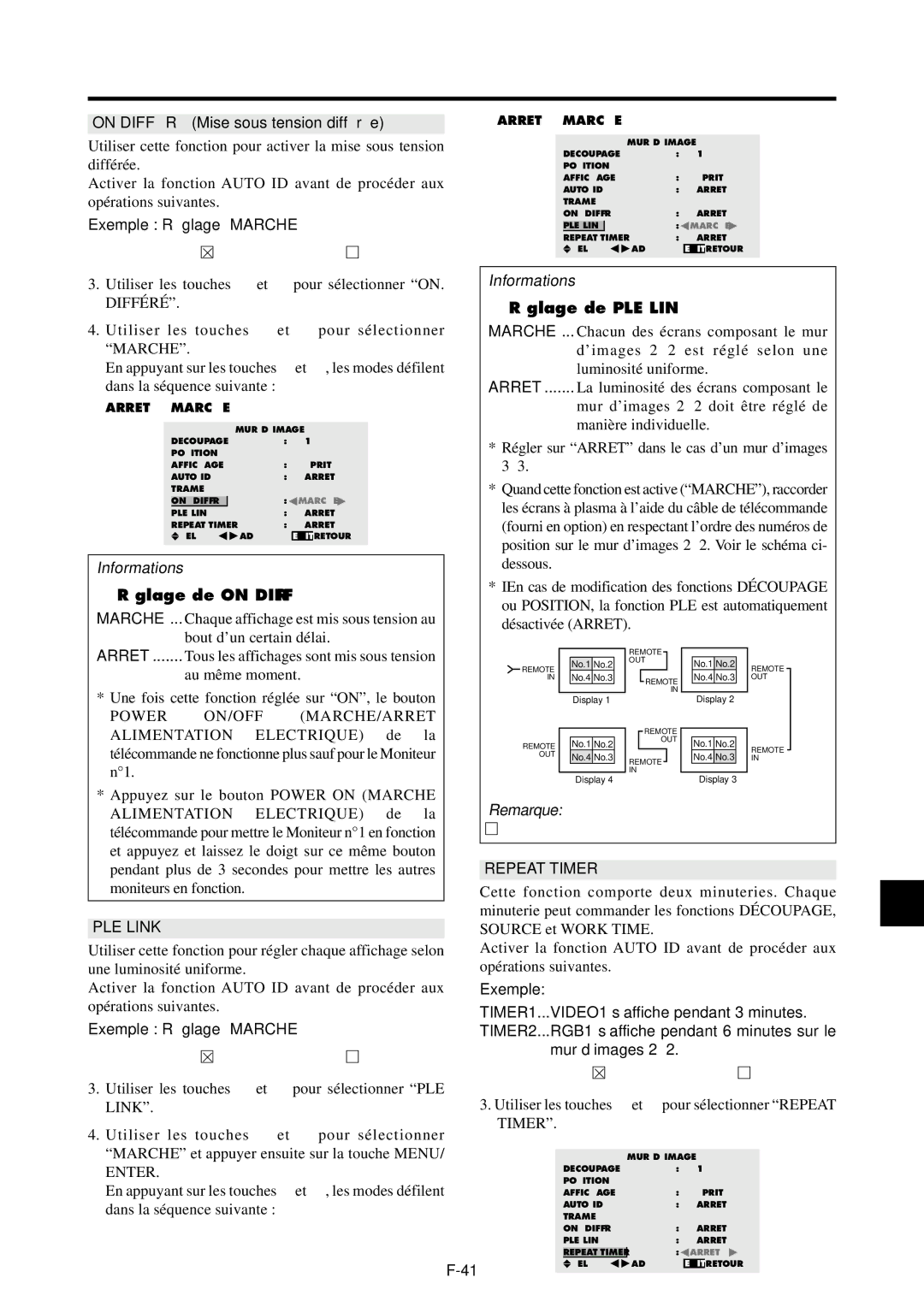 NEC 42VP4D On Diffé RÉ Mise sous tension diffé ré e,  Ré glage de on Diffé RÉ,  Ré glage de PLE Link, Repeat Timer 