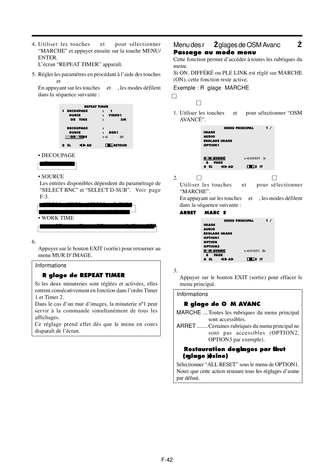 NEC PX-42VP4G Menu des réglages de OSM Avancé, Passage au mode menu,  Ré glage de Repeat Timer,  Ré glage de OSM Avancé 