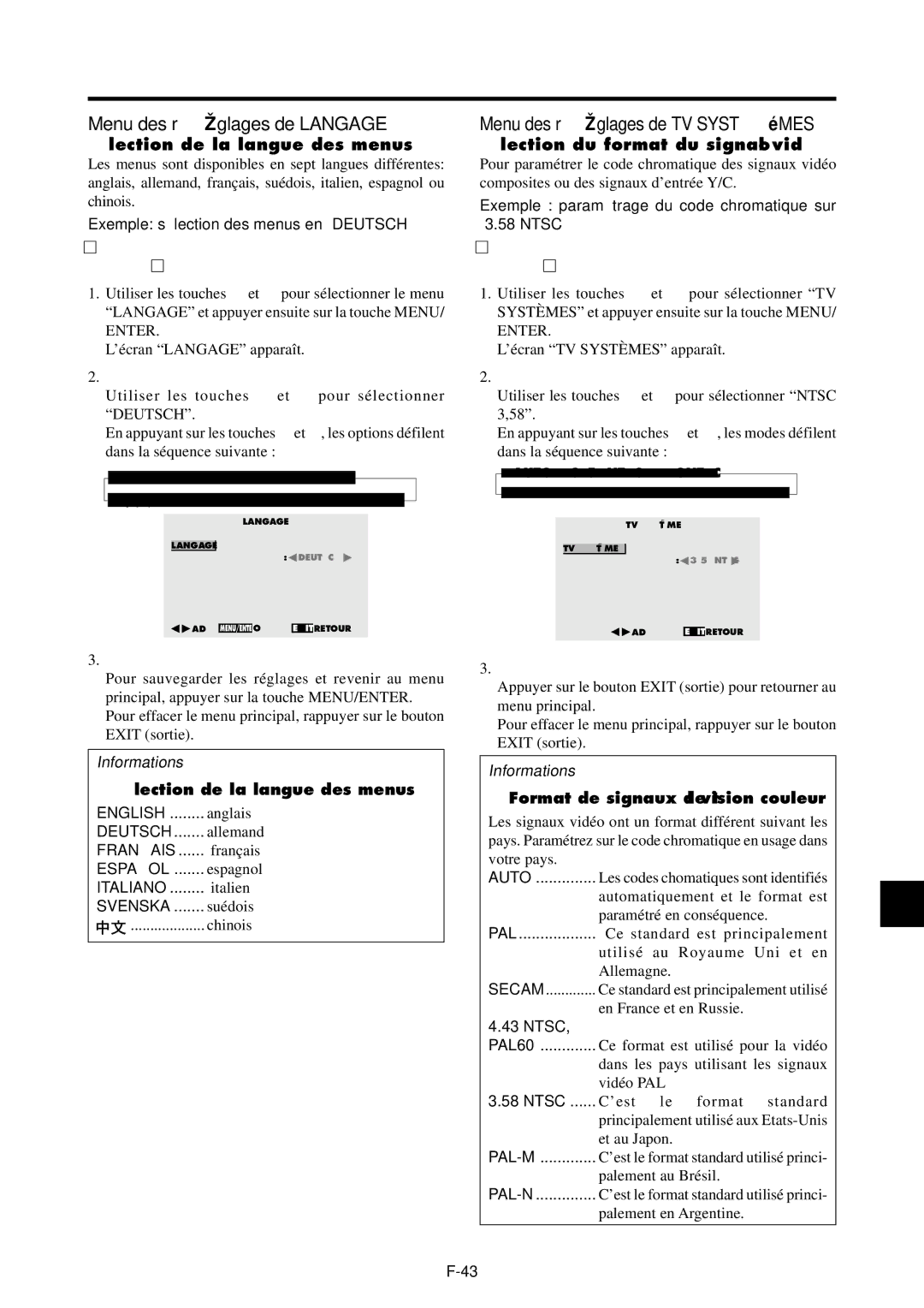 NEC 42VP4DG, PX-42VP4G Menu des réglages de Langage, Menu des réglages de TV Systèmes, Sé lection de la langue des menus 