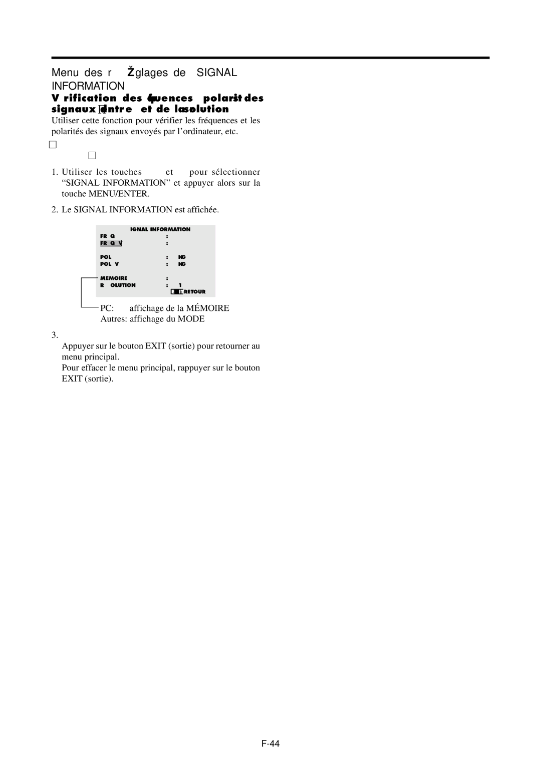 NEC PX-42VP4G, 42VP4DG user manual Menu des réglages de Signal Information, Une fois les fréquences vérifiées… 