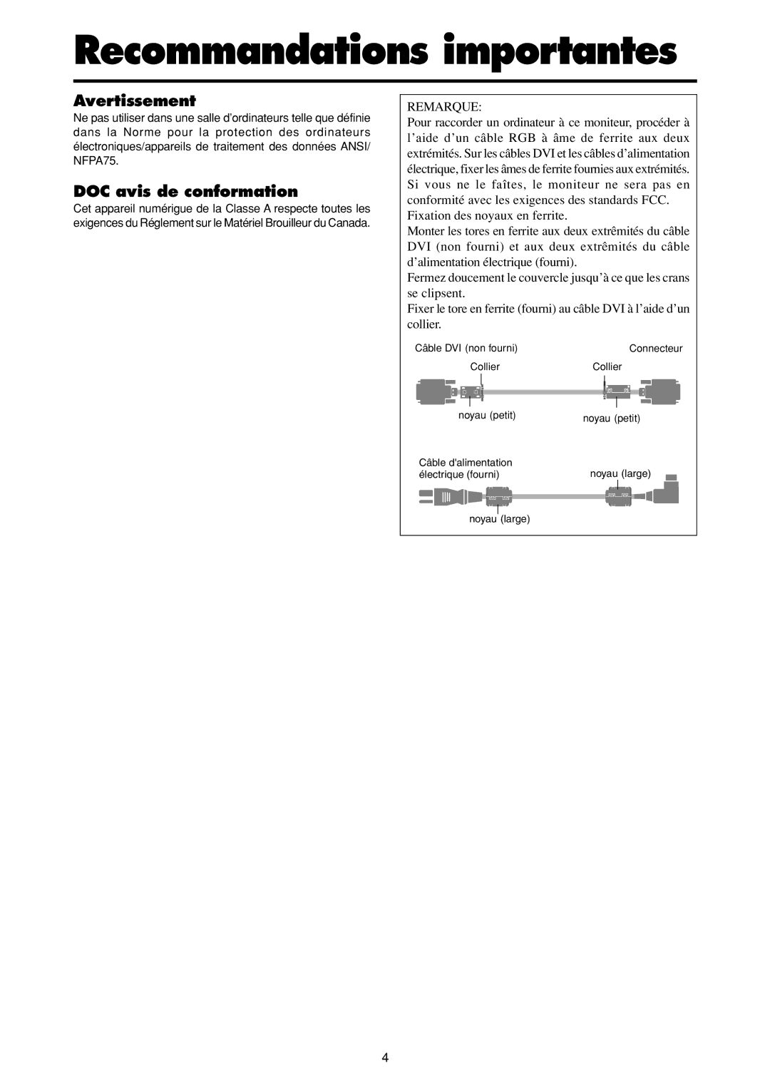 NEC PX-42VP4PA, PX-42VP4DP-A operation manual Recommandations importantes, Avertissement, DOC avis de conformation 