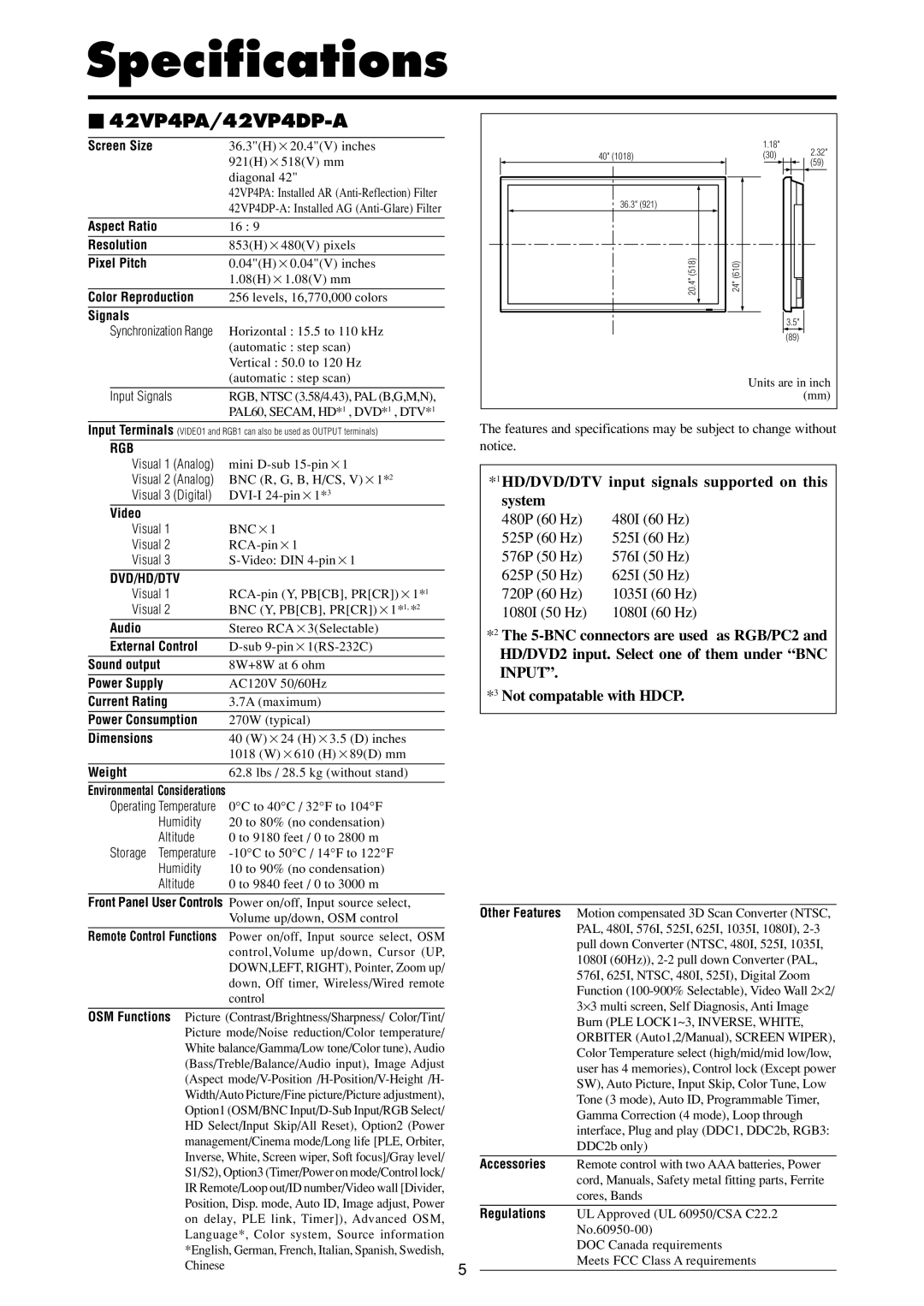 NEC PX-42VP4DP-A, PX-42VP4PA operation manual Specifications,  42VP4PA/42VP4DP-A 