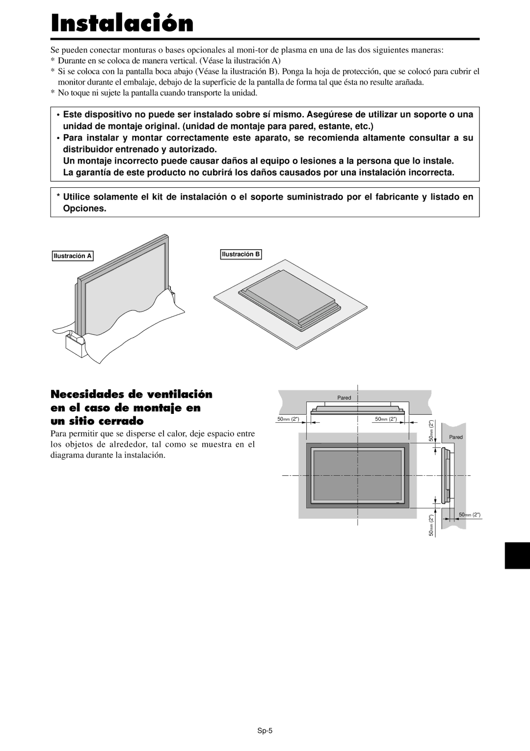 NEC PX-42XM4A, PX-61XM4A manual Instalación, Necesidades de ventilación en el caso de montaje en, Un sitio cerrado, Sp-5 