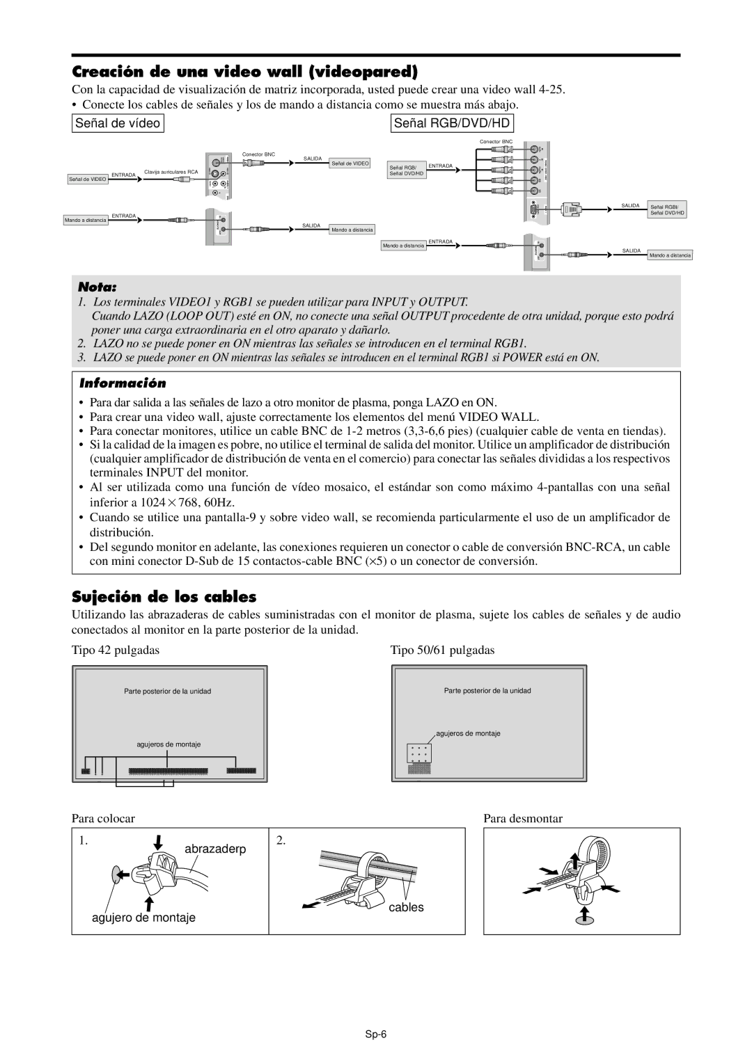 NEC PX-61XM4A Creación de una video wall videopared, Sujeción de los cables, Señal de vídeo Señal RGB/DVD/HD, Abrazaderp 