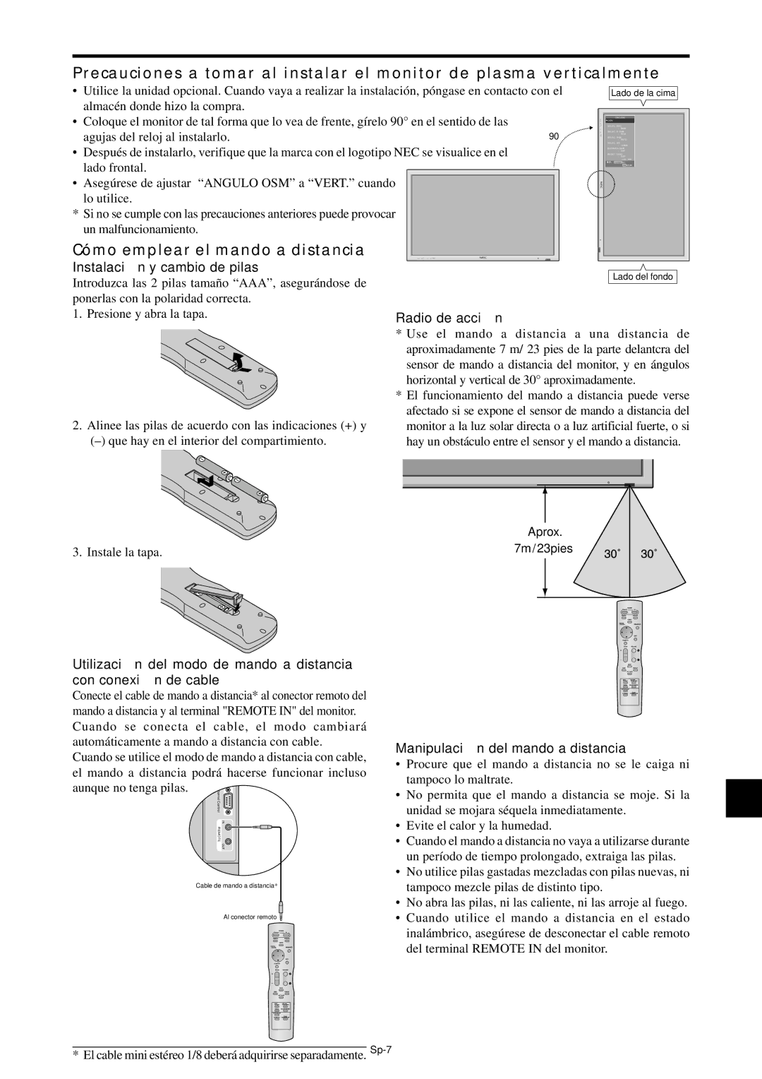 NEC PX-42XM4A, PX-61XM4A manual Cómo emplear el mando a distancia, Instalació n y cambio de pilas, Radio de acció n 