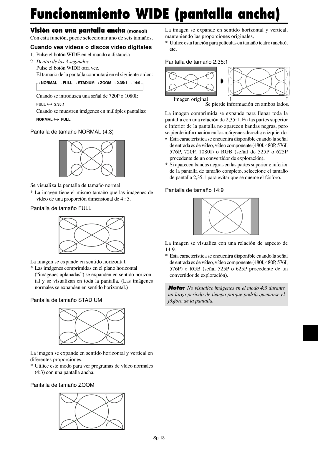 NEC PX-42XM4A, PX-61XM4A Funcionamiento Wide pantalla ancha, Visión con una pantalla ancha manual 