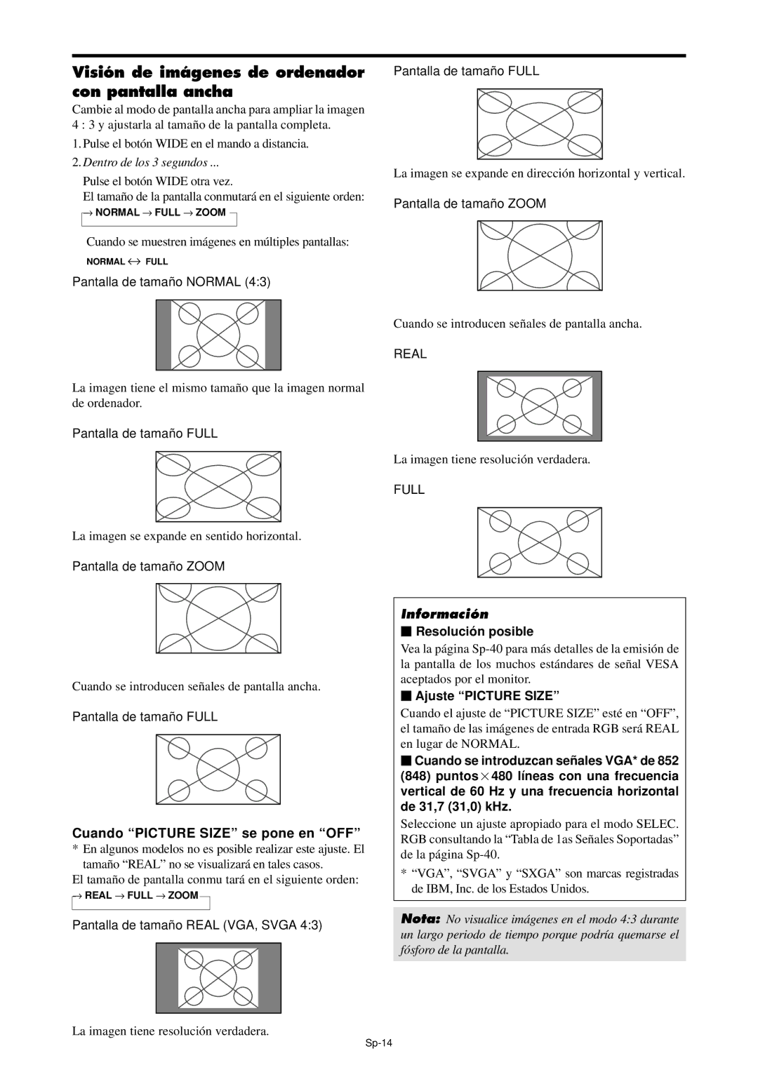 NEC PX-61XM4A, PX-42XM4A manual Visión de imágenes de ordenador con pantalla ancha, Cuando Picture Size se pone en OFF, Real 