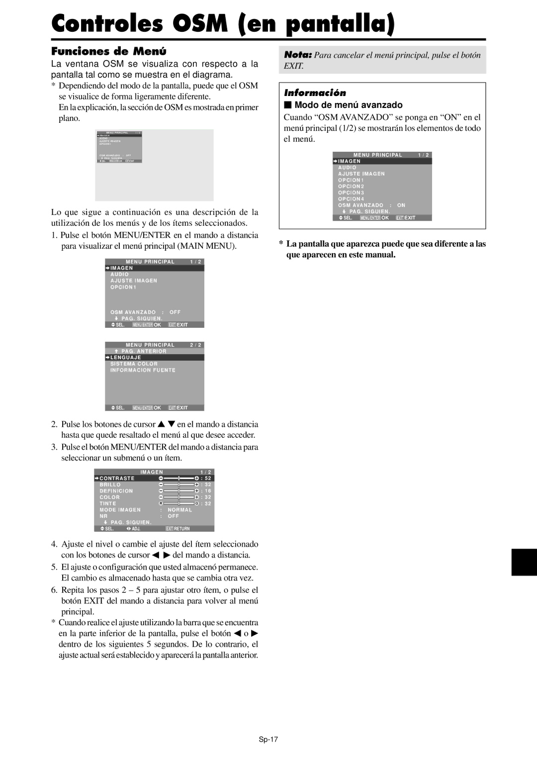 NEC PX-42XM4A Controles OSM en pantalla, Funciones de Menú, Nota Para cancelar el menú principal, pulse el botón Exit 