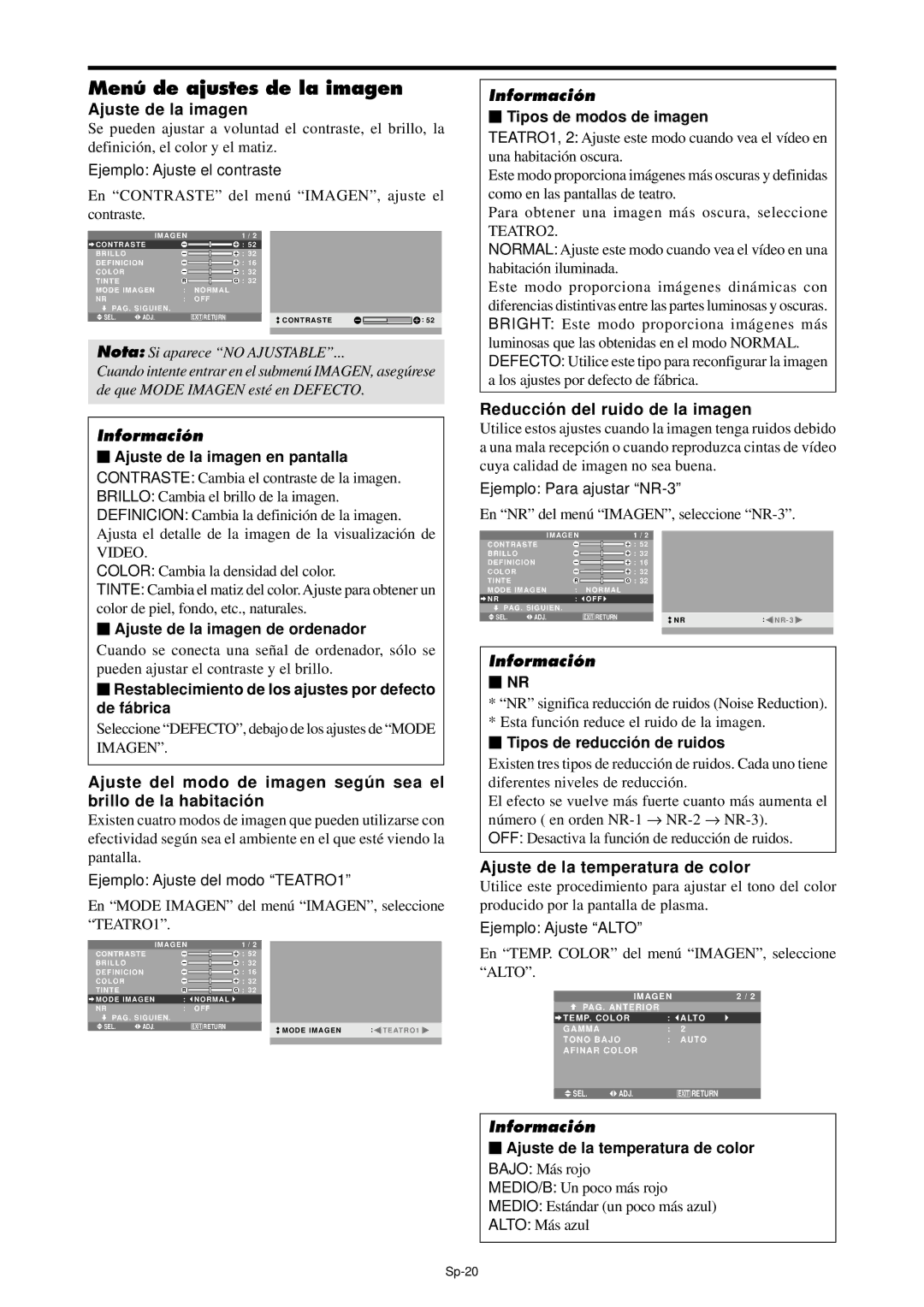 NEC PX-61XM4A, PX-42XM4A manual Menú de ajustes de la imagen, Ajuste de la imagen, Reducción del ruido de la imagen 