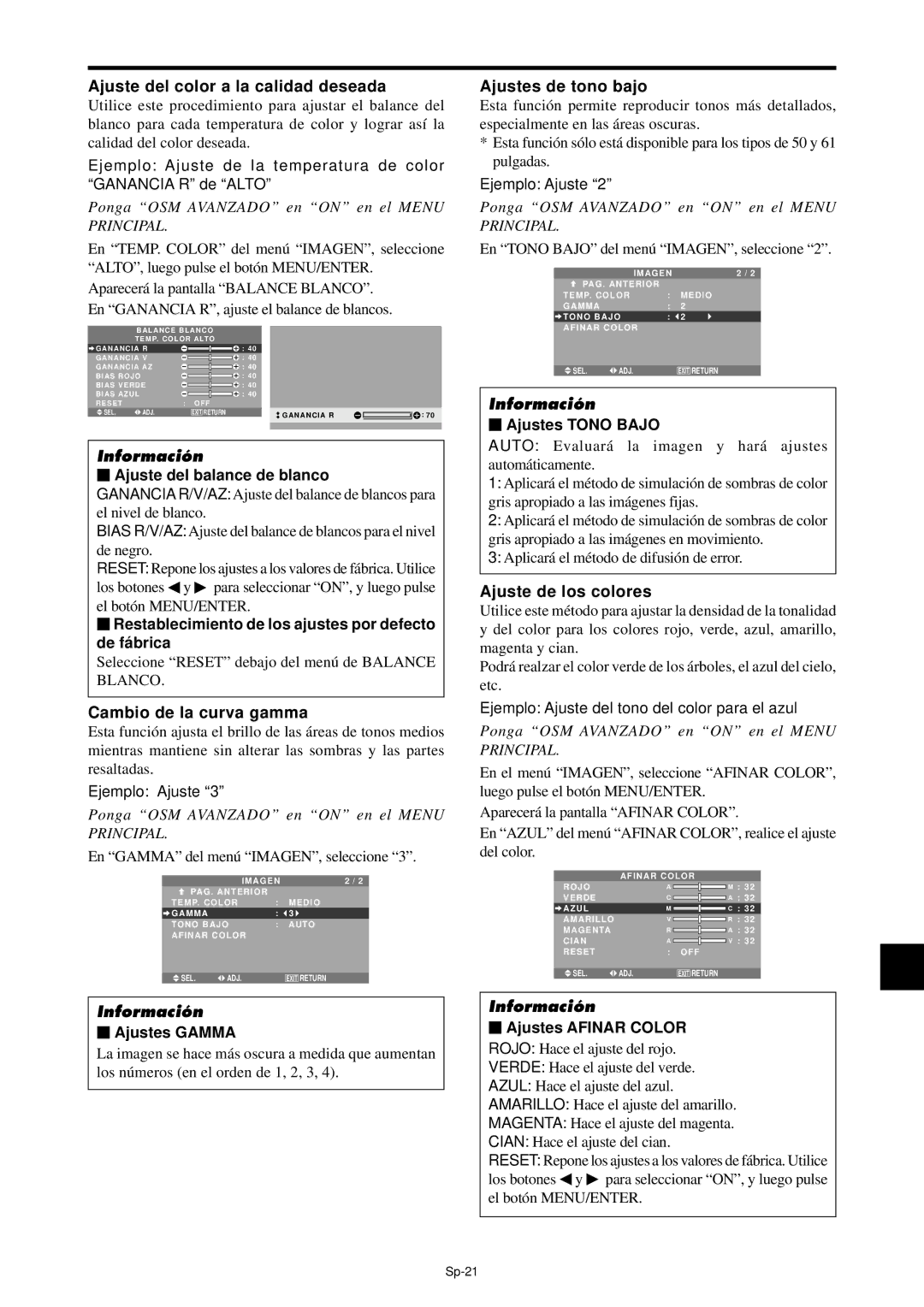 NEC PX-42XM4A Ajuste del color a la calidad deseada, Cambio de la curva gamma, Ajustes de tono bajo, Ajuste de los colores 