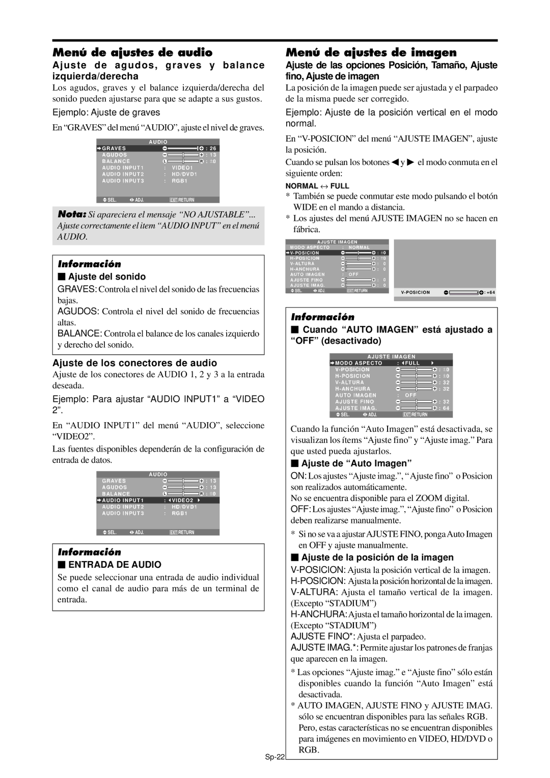 NEC PX-61XM4A Menú de ajustes de audio Menú de ajustes de imagen, Ajuste de los conectores de audio, Entrada DE Audio 