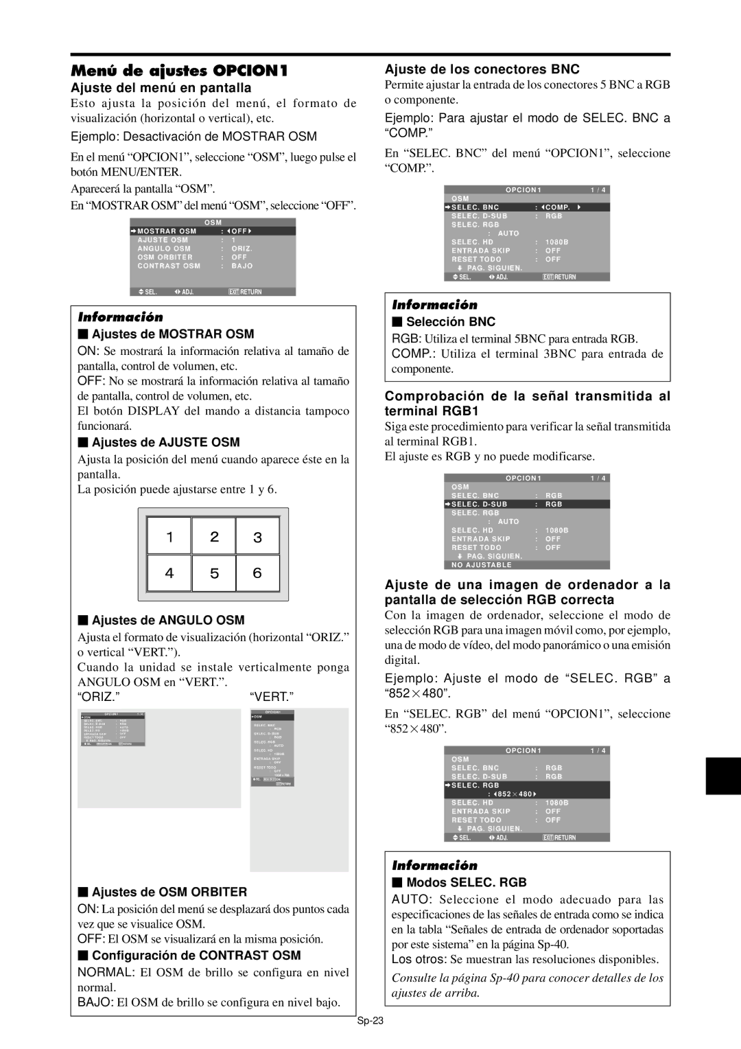 NEC PX-42XM4A, PX-61XM4A manual Menú de ajustes OPCION1, Ajuste del menú en pantalla, Ajuste de los conectores BNC 