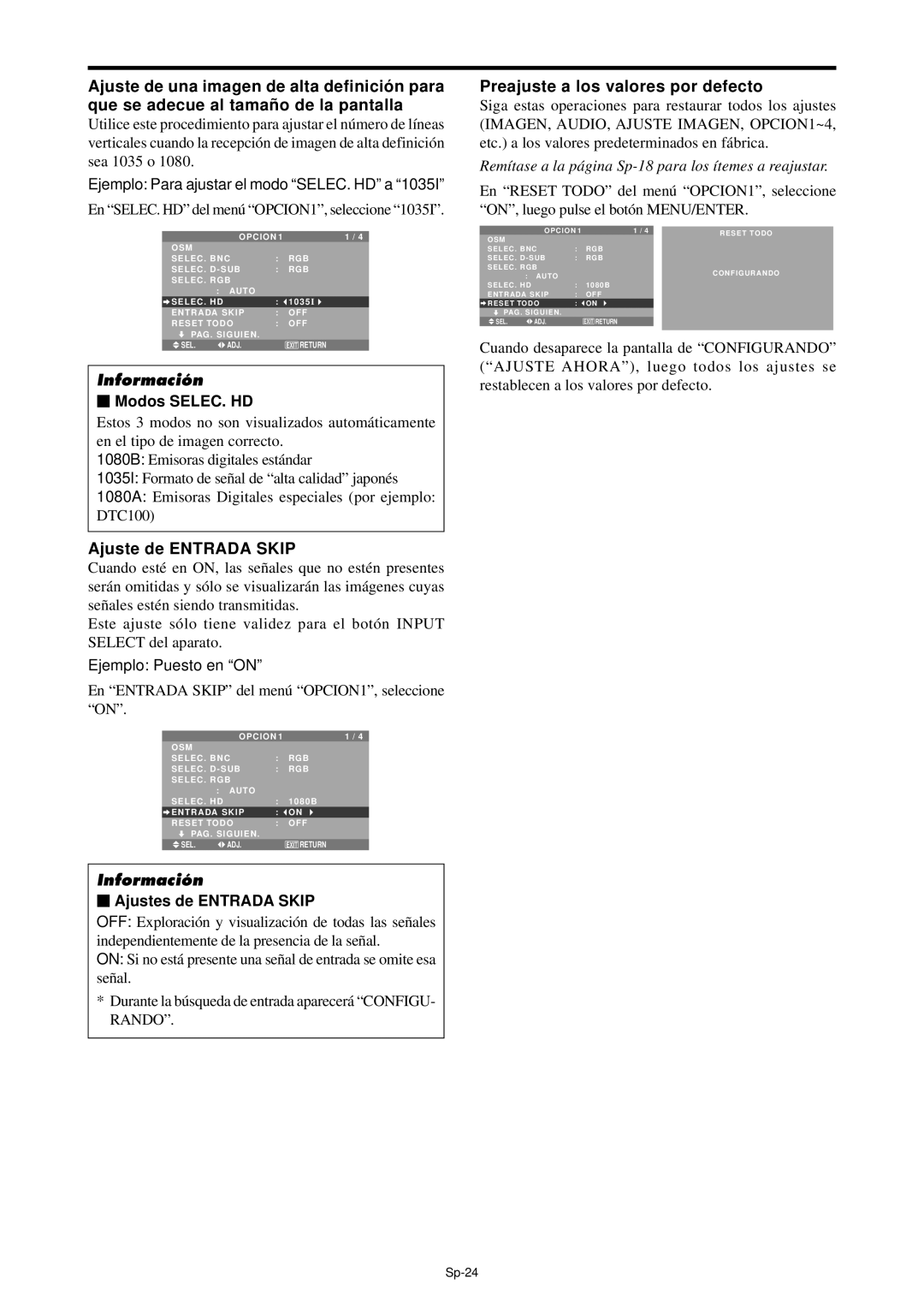 NEC PX-61XM4A manual Ajuste de Entrada Skip, Preajuste a los valores por defecto, Modos SELEC. HD, Ajustes de Entrada Skip 