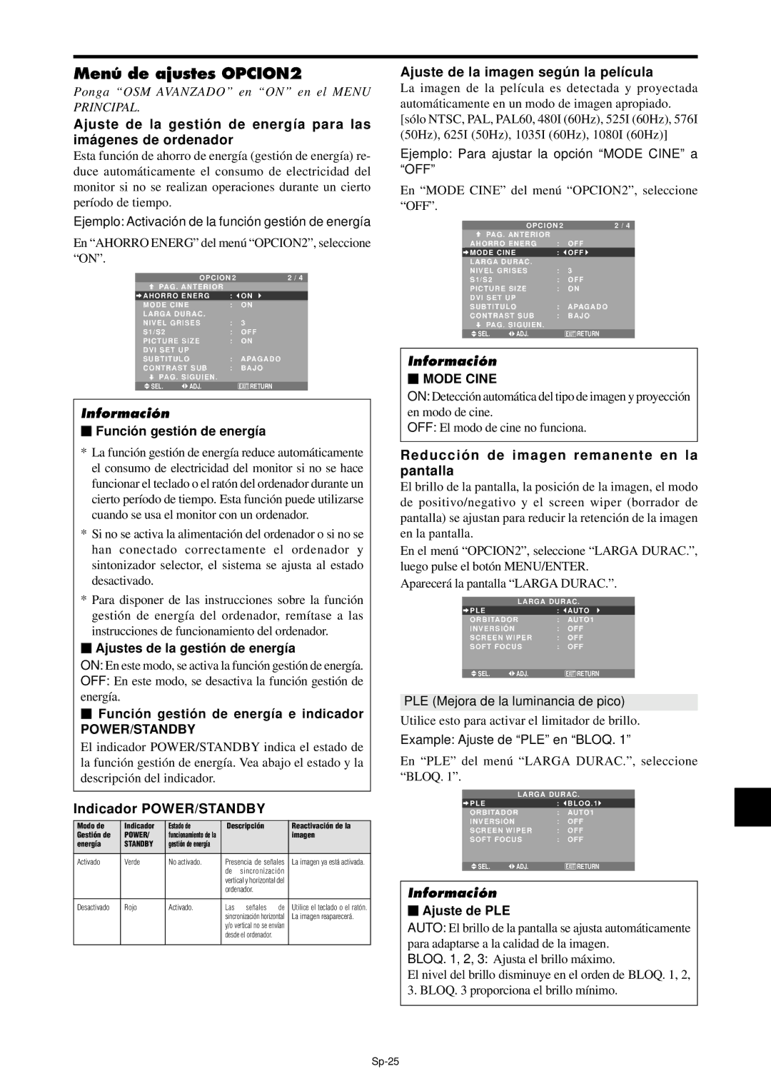 NEC PX-42XM4A, PX-61XM4A manual Menú de ajustes OPCION2, Indicador POWER/STANDBY, Ajuste de la imagen segú n la película 