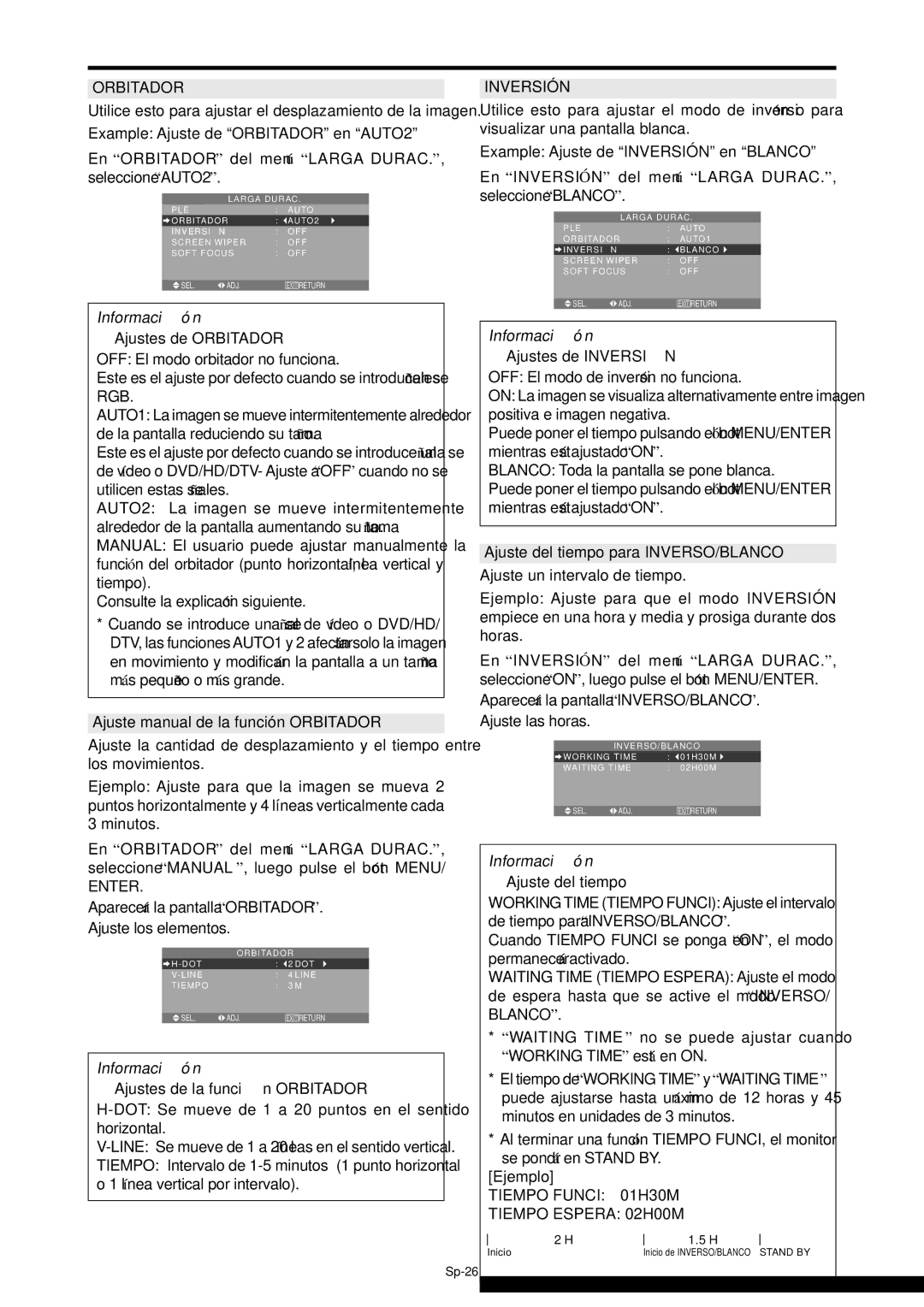 NEC PX-61XM4A, PX-42XM4A manual Ajustes de Inversió N, Ajustes de la funció n Orbitador, Ajuste del tiempo 