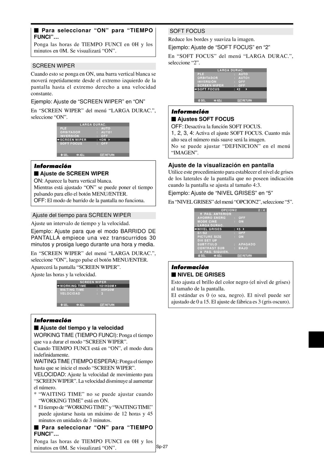 NEC PX-42XM4A manual Ajuste de la visualizació n en pantalla, Para seleccionar on para Tiempo FUNCI…, Ajustes Soft Focus 