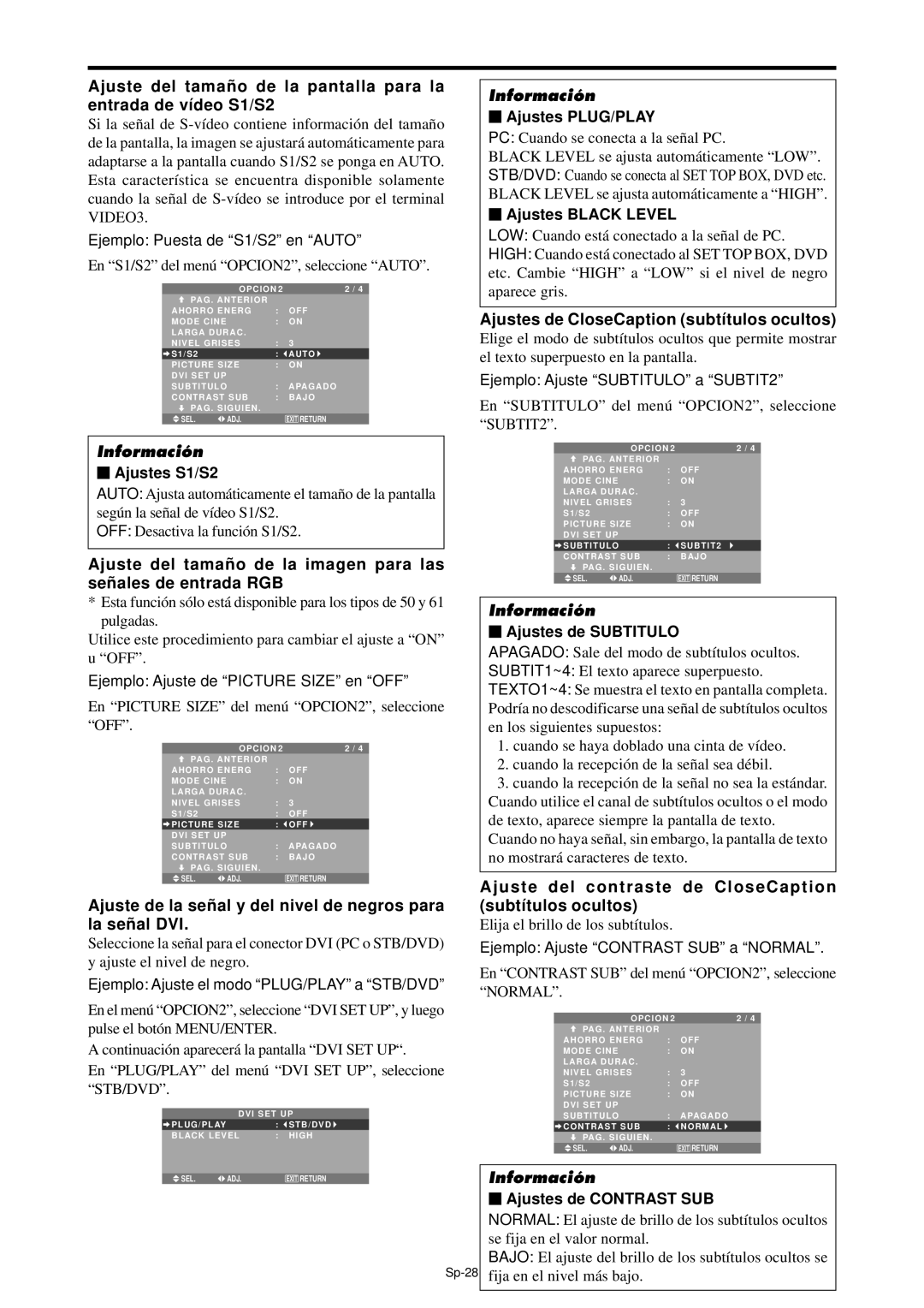 NEC PX-61XM4A manual Ajustes de CloseCaption subtítulos ocultos, Ajuste del contraste de CloseCaption subtítulos ocultos 