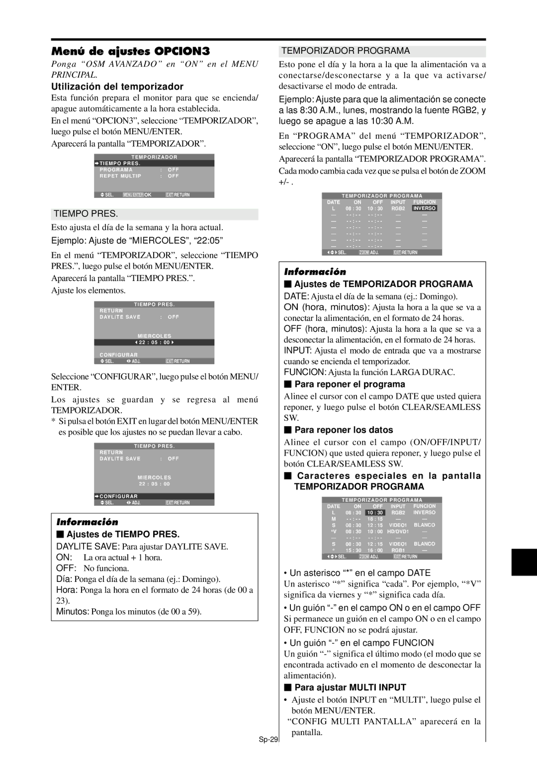 NEC PX-42XM4A, PX-61XM4A manual Menú de ajustes OPCION3, Utilización del temporizador, Temporizador Programa 