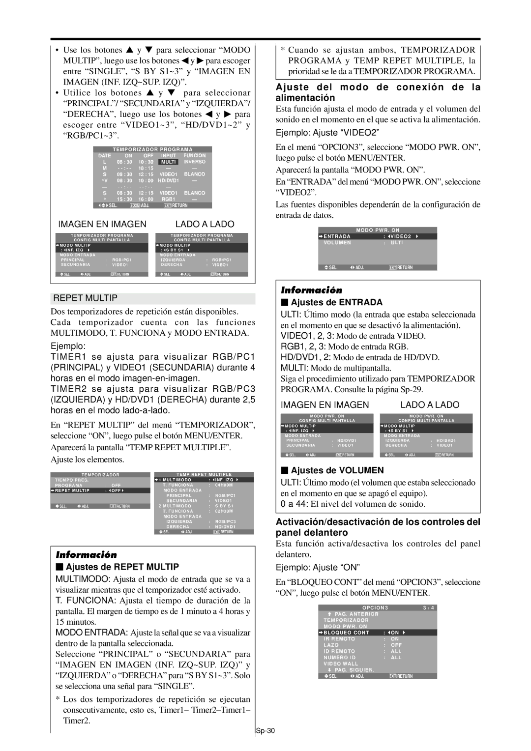 NEC PX-61XM4A, PX-42XM4A Ajuste del modo de conexió n de la alimentació n, Ajustes de Repet Multip, Ajustes de Entrada 