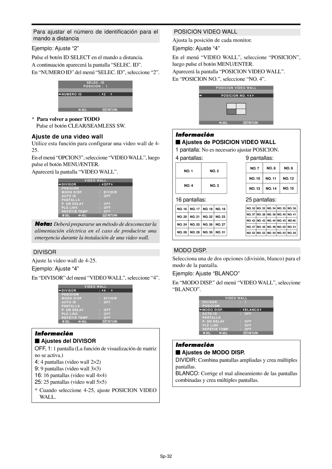 NEC PX-61XM4A, PX-42XM4A manual Ajuste de una video wall, Ajustes del Divisor, Pantallas, Ajustes de Modo Disp 