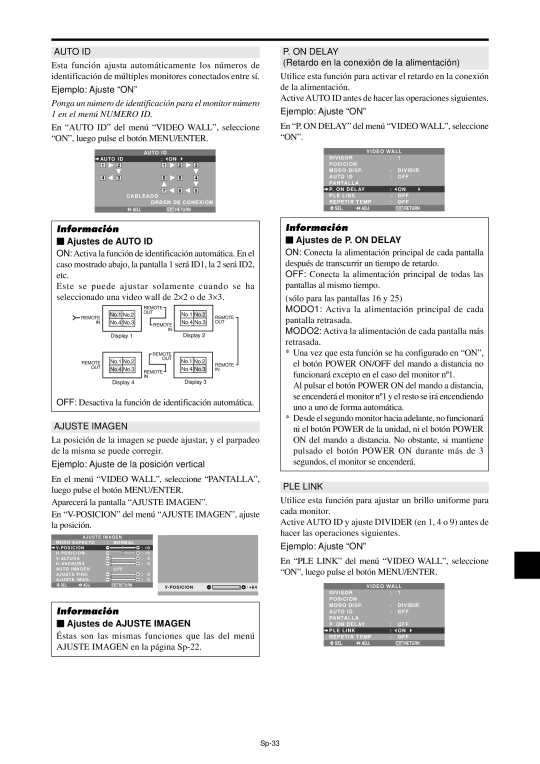 NEC PX-42XM4A, PX-61XM4A manual Ajustes de Auto ID, On Delay, Ajustes de P. on Delay, Ajustes de Ajuste Imagen 