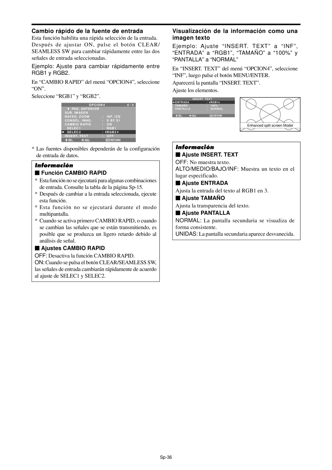 NEC PX-61XM4A, PX-42XM4A Cambio rá pido de la fuente de entrada, Visualizació n de la informació n como una imagen texto 