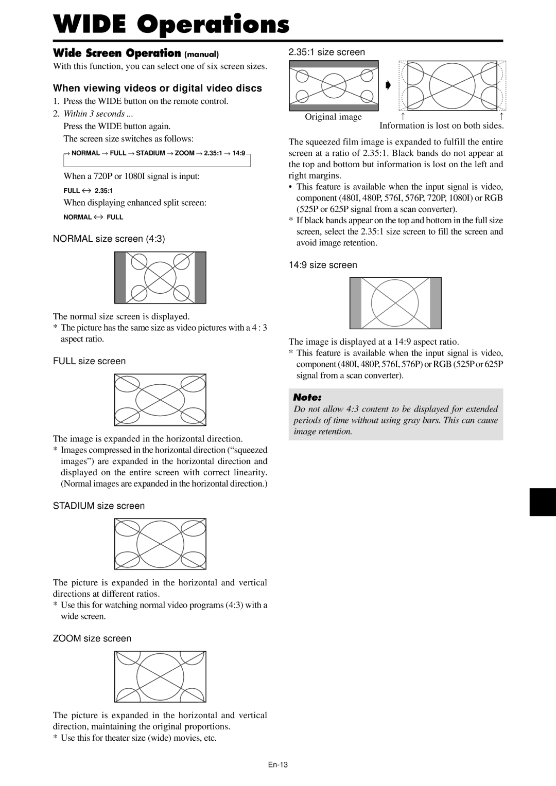 NEC PX-42XM4A, PX-61XM4A manual Wide Operations, When viewing videos or digital video discs 