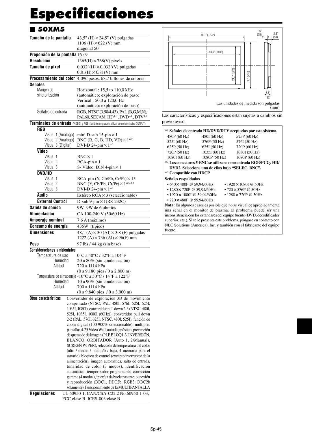 NEC PX-42XM4A, PX-61XM4A manual 50XM5, Sp-45 