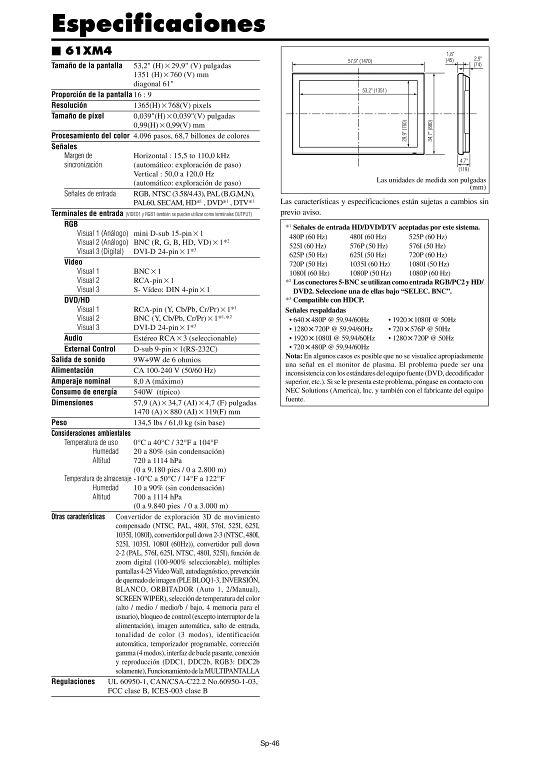 NEC PX-61XM4A, PX-42XM4A manual Sp-46 