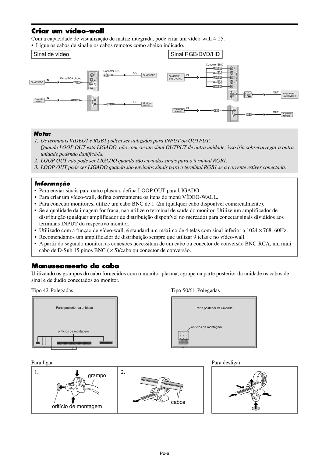 NEC PX-42XM4A manual Criar um vídeo-wall, Manuseamento do cabo, Sinal de vídeo Sinal RGB/DVD/HD, Para ligar Para desligar 