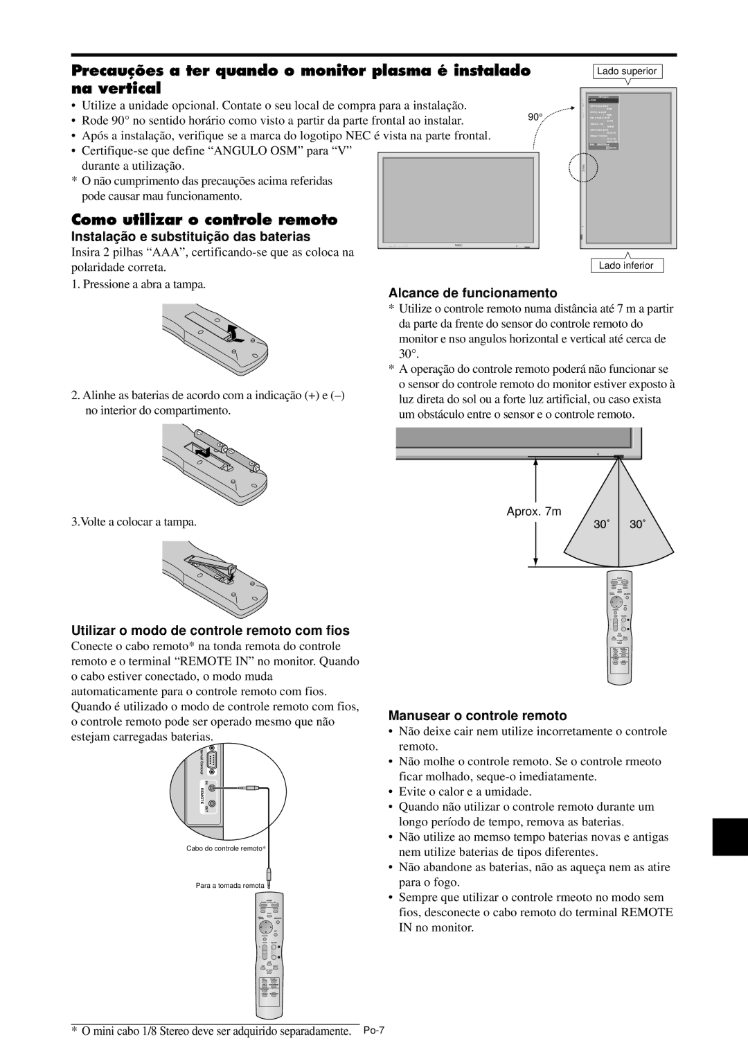 NEC PX-61XM4A manual Como utilizar o controle remoto, Instalaçã o e substituiçã o das baterias, Alcance de funcionamento 