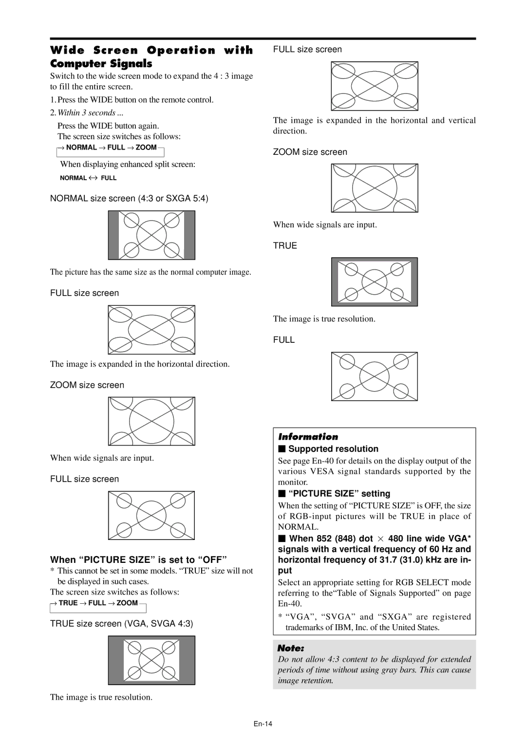 NEC PX-61XM4A manual Wide Screen Operation with Computer Signals, When Picture Size is set to OFF,  Supported resolution 