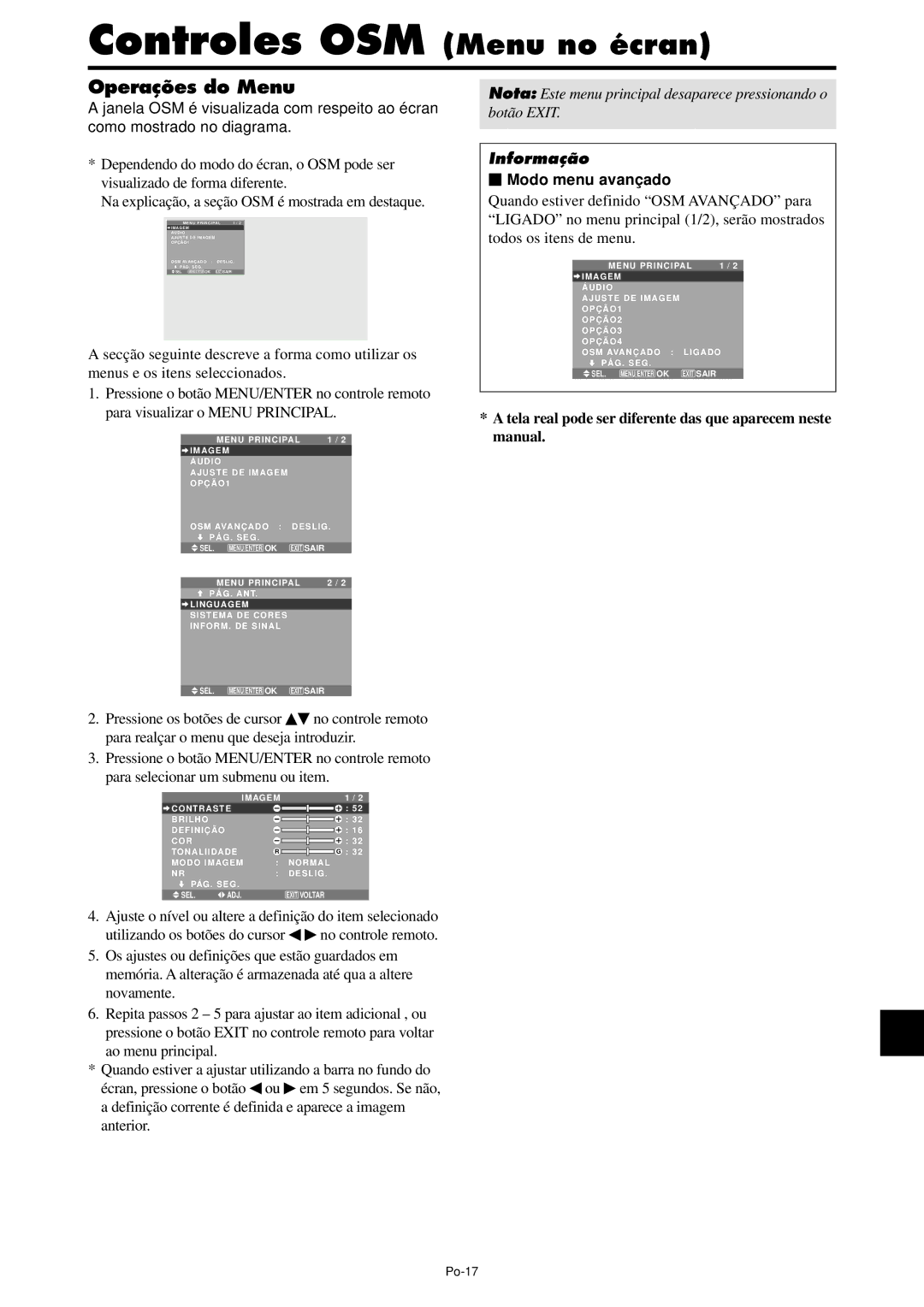 NEC PX-61XM4A Operações do Menu, Modo menu avançado, Tela real pode ser diferente das que aparecem neste manual, Po-17 