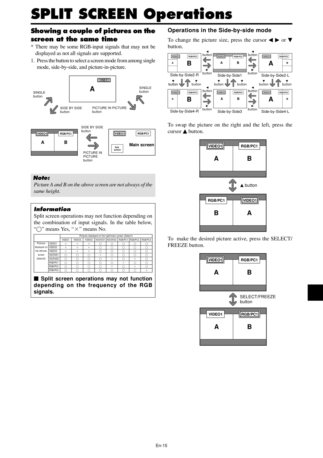 NEC PX-42XM4A, PX-61XM4A manual Split Screen Operations, Showing a couple of pictures on the screen at the same time 