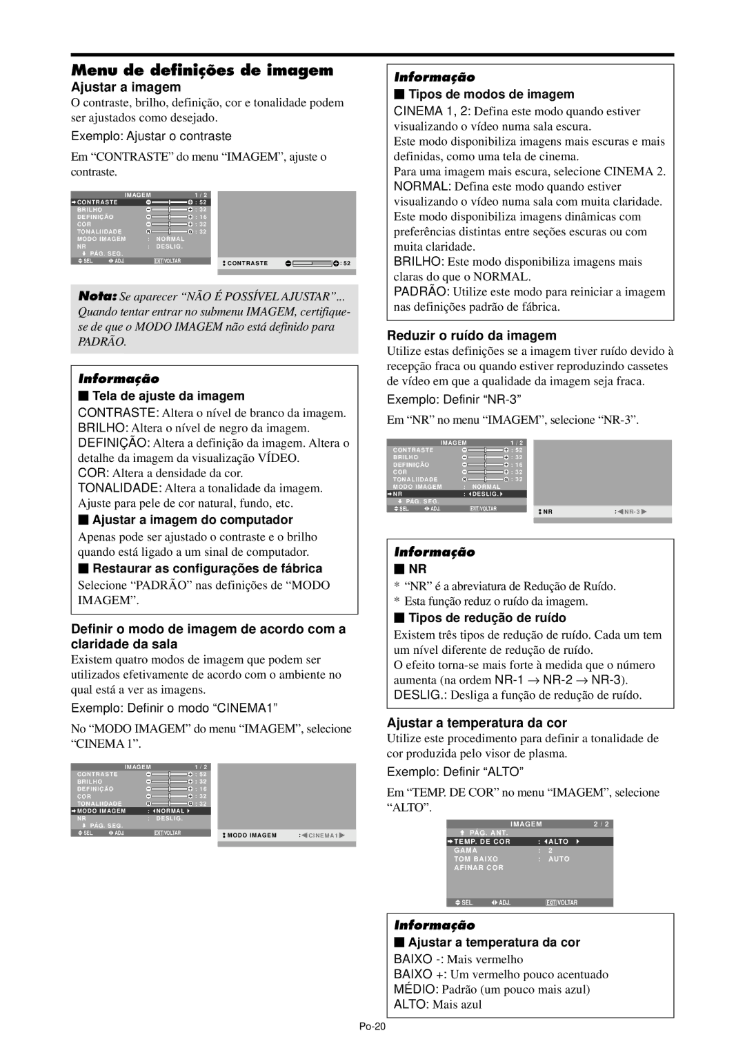 NEC PX-42XM4A Menu de definições de imagem, Ajustar a imagem, Definir o modo de imagem de acordo com a claridade da sala 