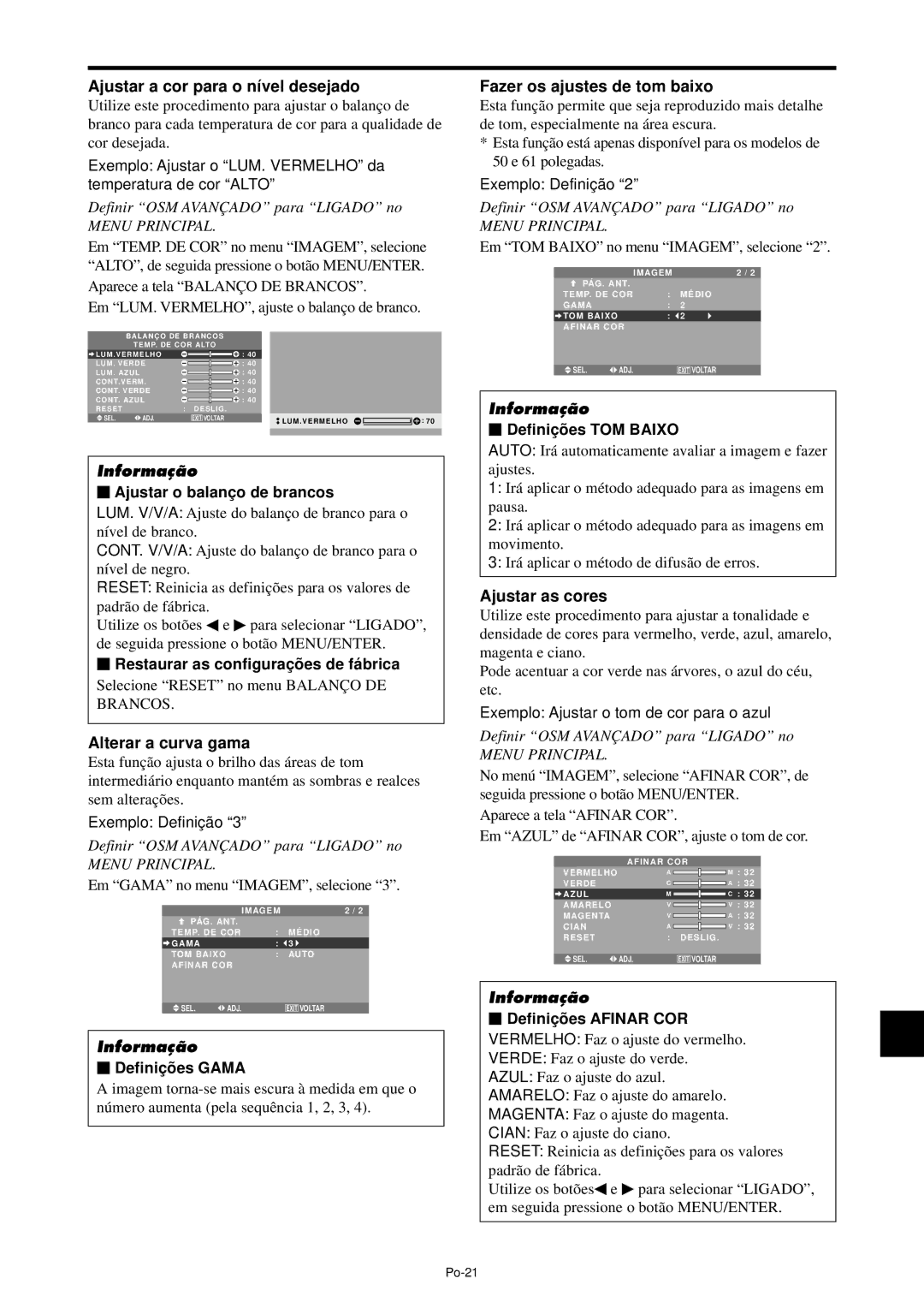 NEC PX-61XM4A Ajustar a cor para o nível desejado, Alterar a curva gama, Fazer os ajustes de tom baixo, Ajustar as cores 