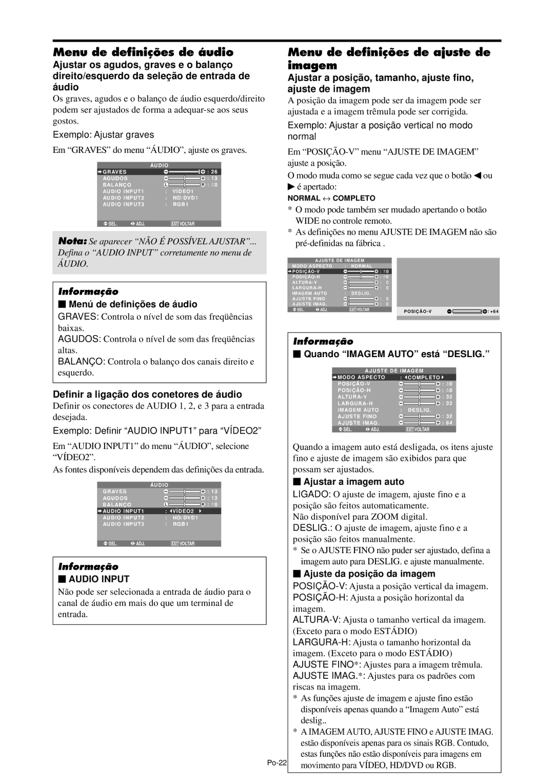 NEC PX-42XM4A, PX-61XM4A manual Menu de definições de áudio, Menu de definições de ajuste de imagem, Audio Input 