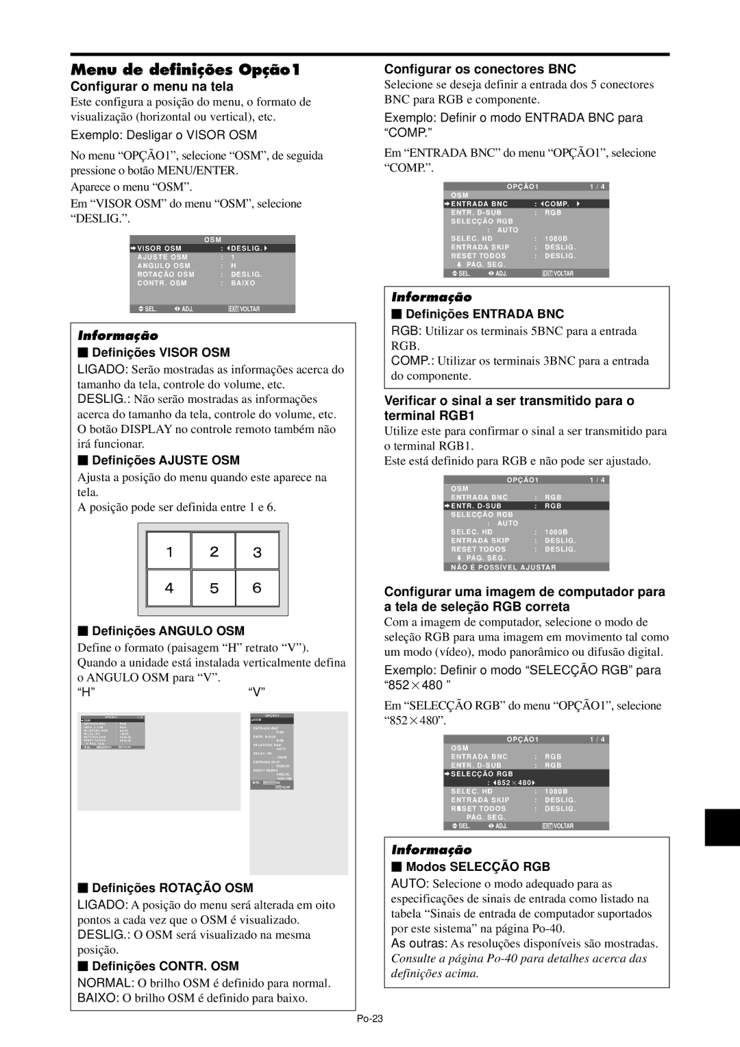 NEC PX-61XM4A, PX-42XM4A manual Menu de definições Opção1, Configurar o menu na tela, Configurar os conectores BNC 