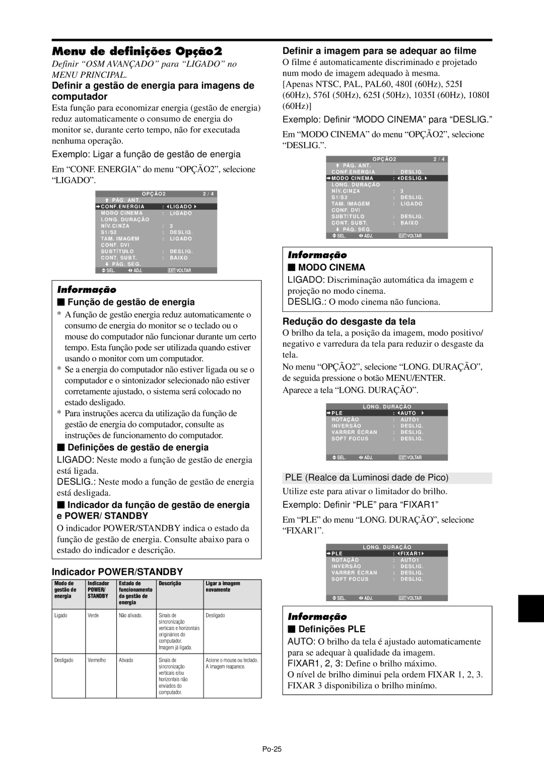 NEC PX-61XM4A, PX-42XM4A Menu de definições Opção2, Definir a gestão de energia para imagens de computador, Modo Cinema 